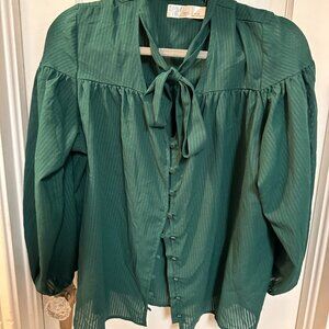 Time & Tru Green Women's Blouse with Puff Sleeves and Sheer Striped Pattern-LG